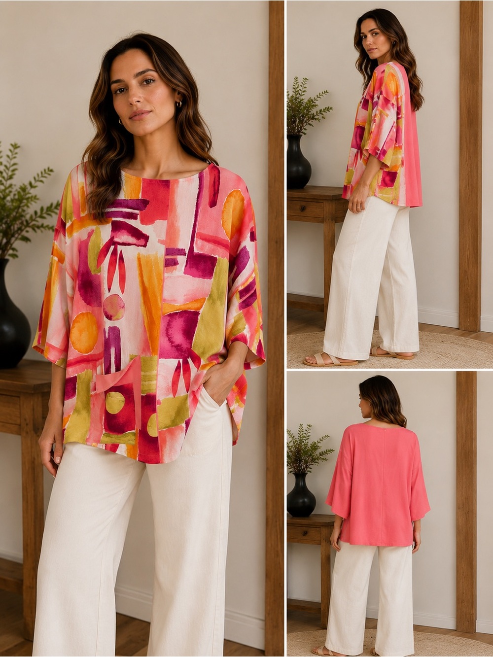 IC COLLECTION Abstract Watercolor Scoop Neck Tunic - Pink Multi